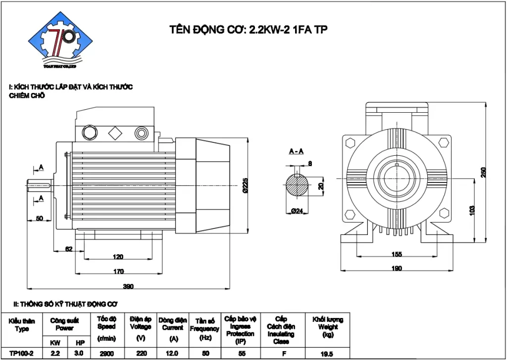 Kích thước và thông số kỹ thuật mô tơ 1 pha 2.2 kw - 1400v/p