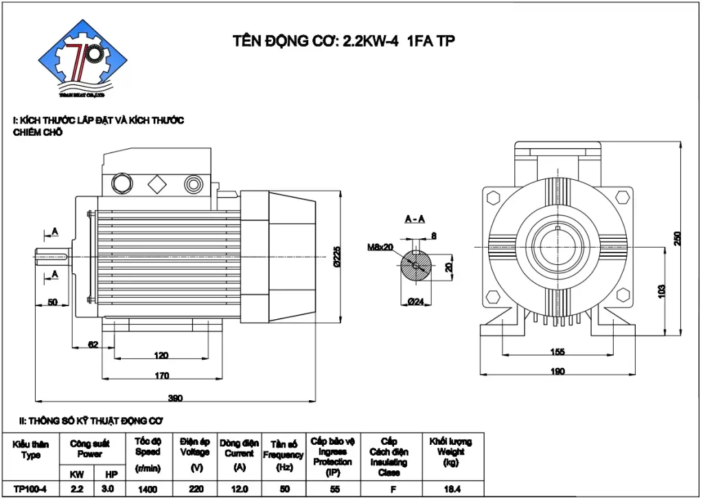Kích thước và thông số kỹ thuật mô tơ 1 pha 2.2 kw - 2900v/p