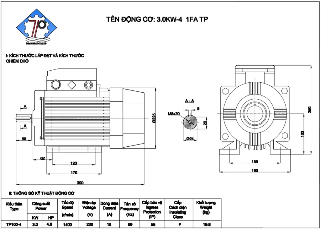 Kích thước và thông số kỹ thuật mô tơ Toàn Phát 3kw - 1400v/p
