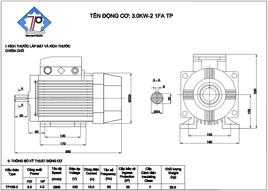 Kích thước và thông số kỹ thuật mô tơ Toàn Phát 3kw - 2900v/p