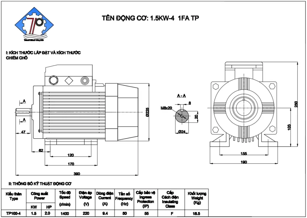Kích thước và thông số kỹ thuật motor toàn phát 1.5 kw - 1400v/p