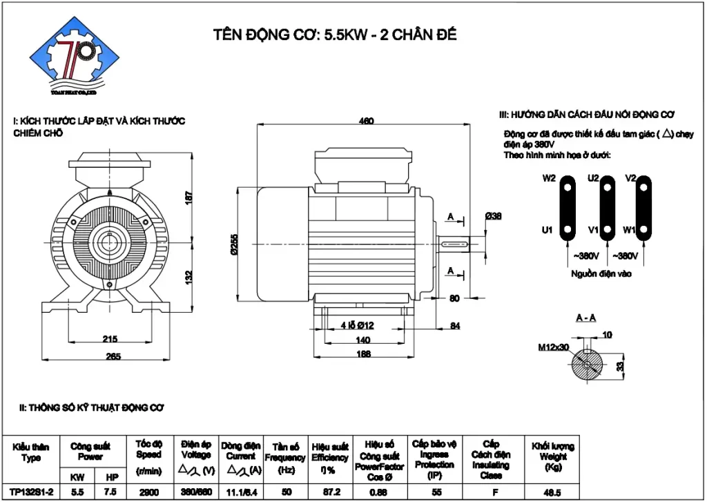 Thông số kỹ thuật mô tơ 3 pha 5kw loại tốc chậm - 2900v/p