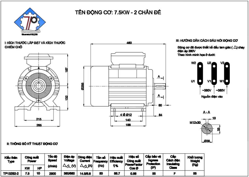 Thông số kỹ thuật mô tơ 3 pha 7.5 kw loại tốc chậm - 2900v/p