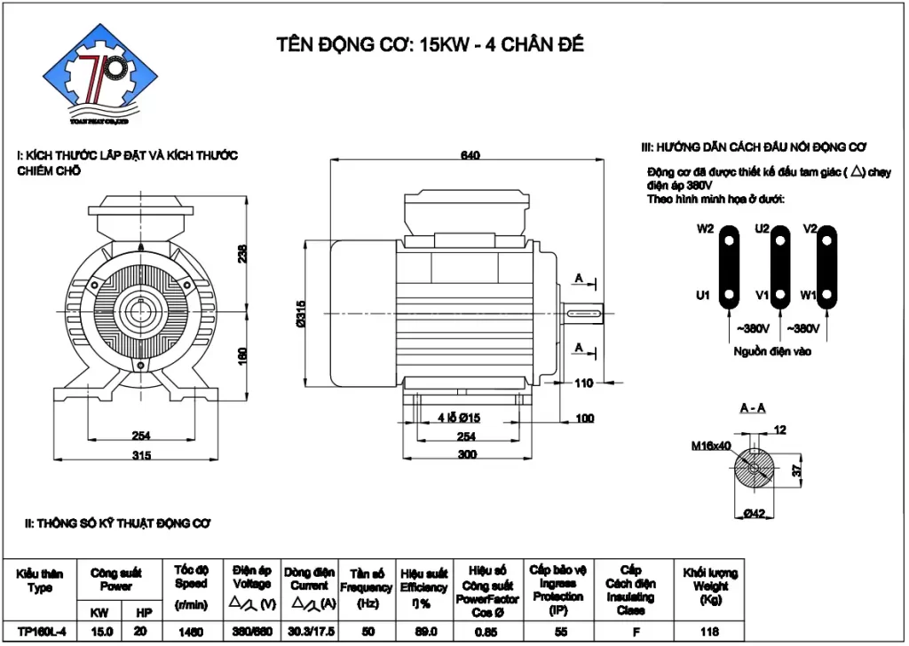 Thông số kỹ thuật mô tơ điện 3 pha 15kw loại tốc chậm - 1400v/p